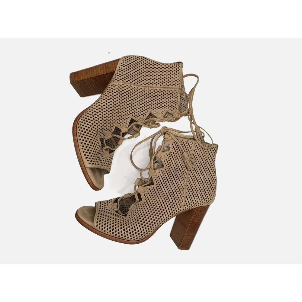 Frye Tan Perforated Leather Lace Up Peep Toe Heels Size 7M